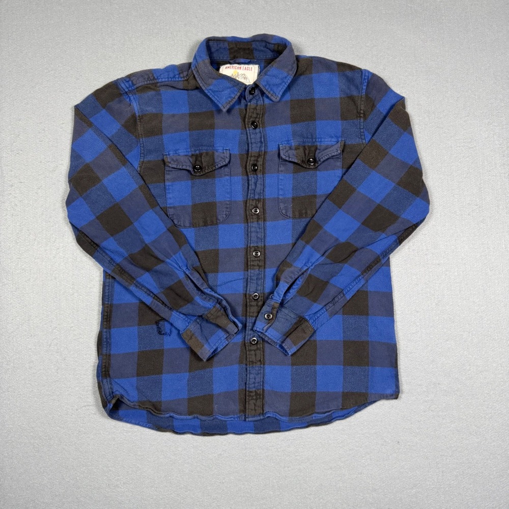 American Eagle Flannel Shirt Mens Medium Blue Black Buffalo Plaid Button Down M